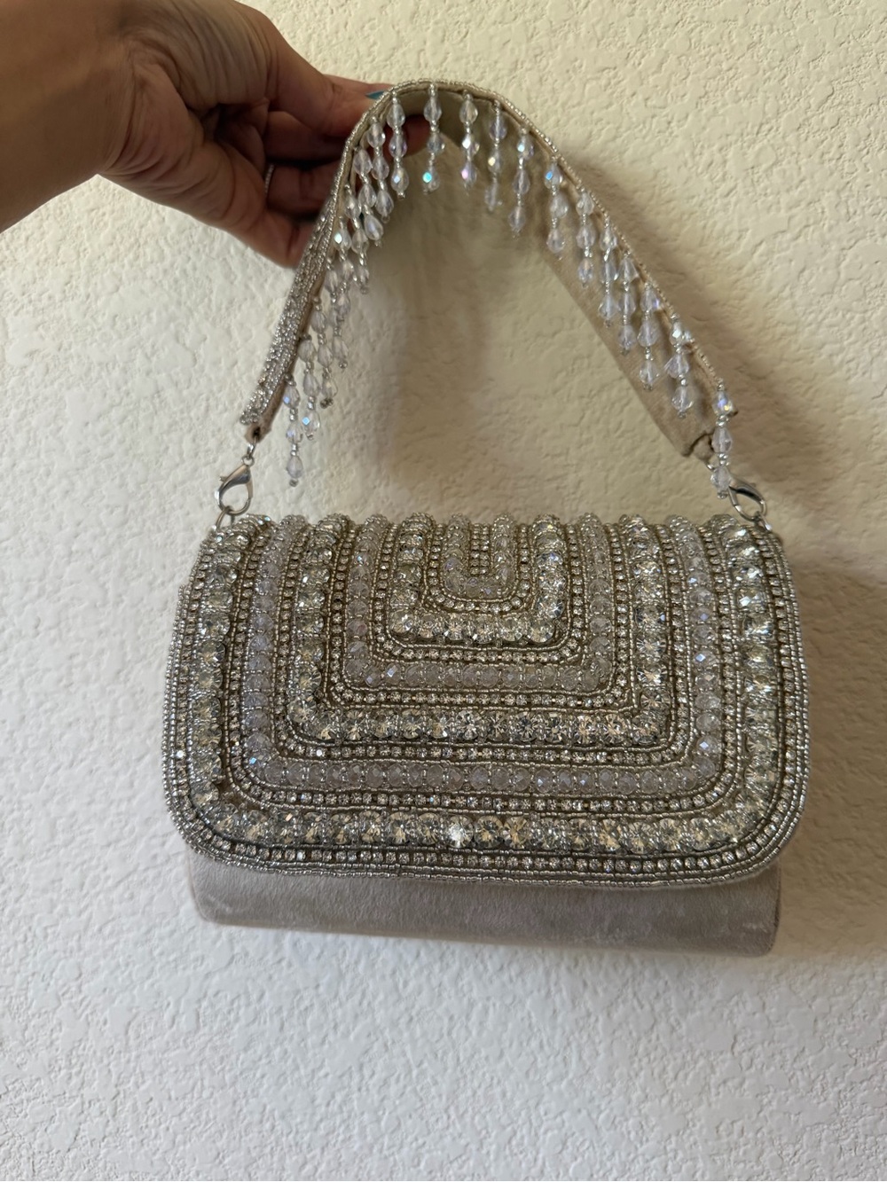 Embellished Beaded Evening Bag - Silver-Cream